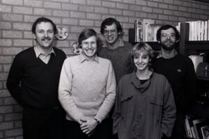 December 1982: vlnr Albert Swinkels, Pieter Aerts, Frans vd Weijer, Celine Albers, Ernst vd Weijer